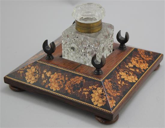 A Tunbridge ware rosewood flower mosaic banded inkstand, 6in.